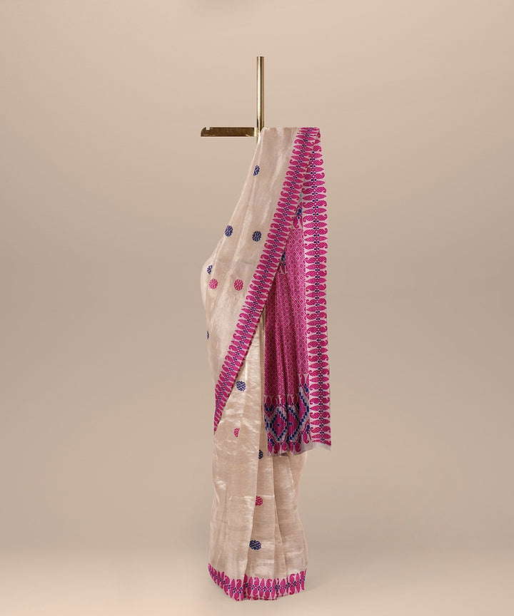 Cream barbie pink handloom assam cotton saree