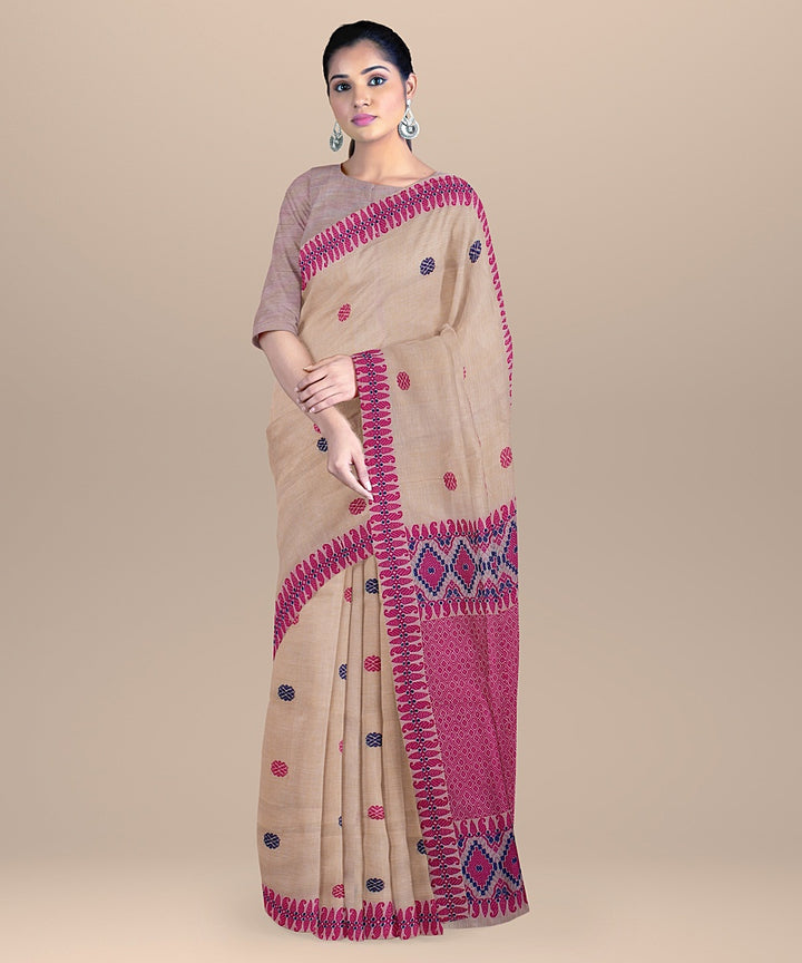 Cream barbie pink handloom assam cotton saree