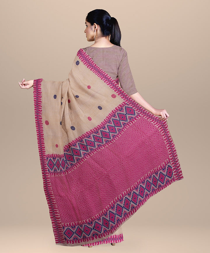 Cream barbie pink handloom assam cotton saree