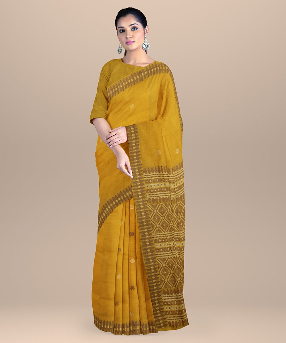 Yellow brown handloom assam cotton saree