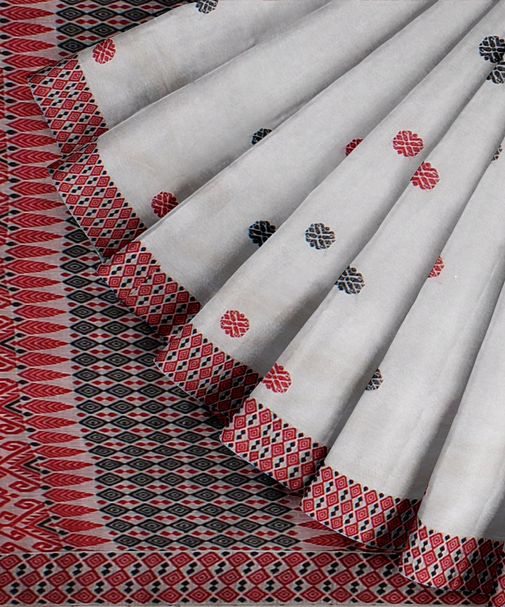 Offwhite red black handloom assam cotton saree