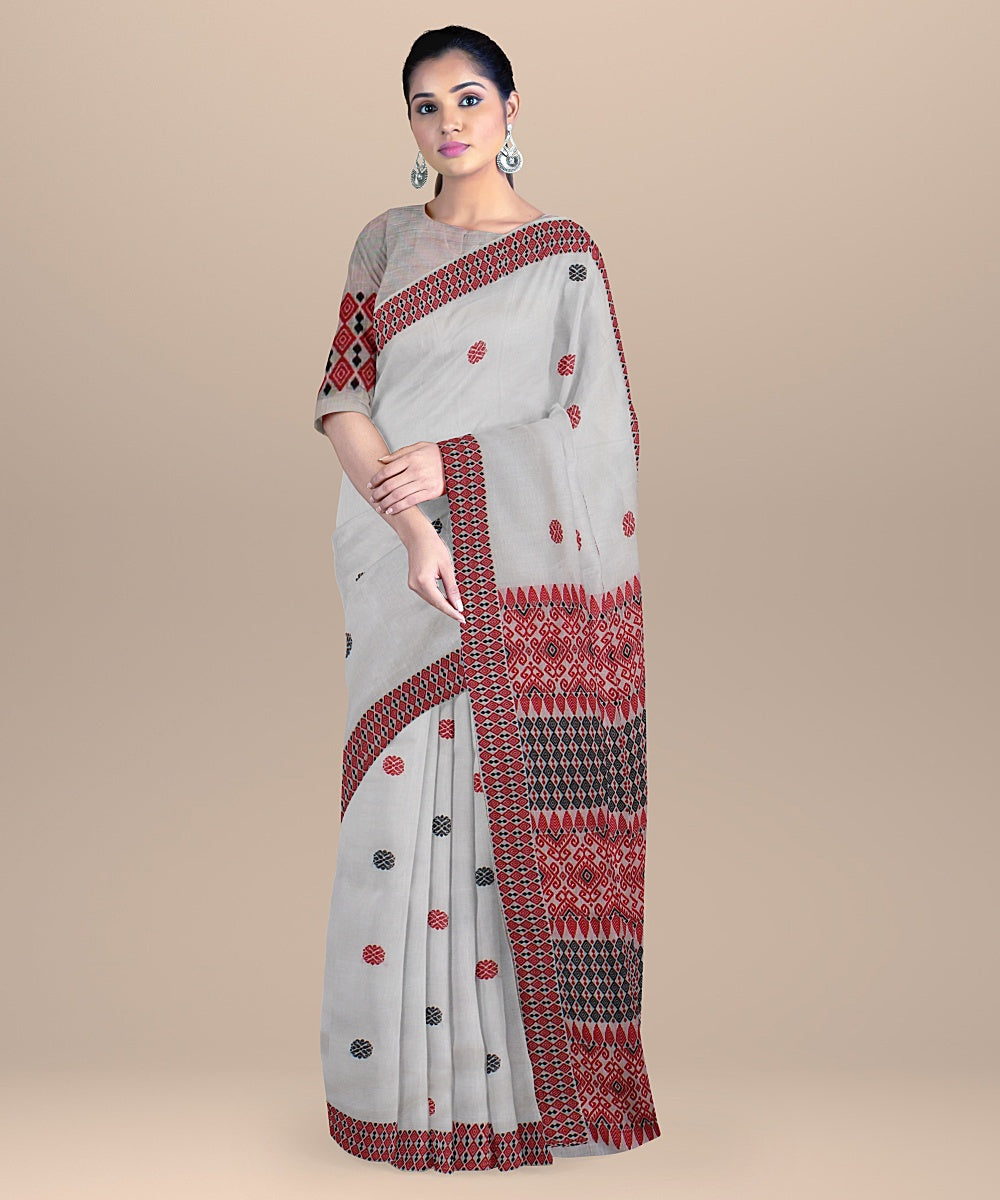 Offwhite red black handloom assam cotton saree