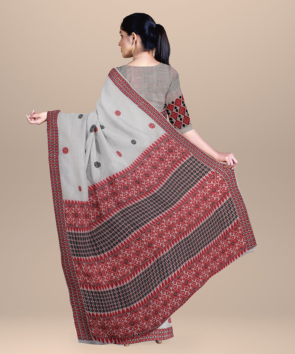 Offwhite red black handloom assam cotton saree