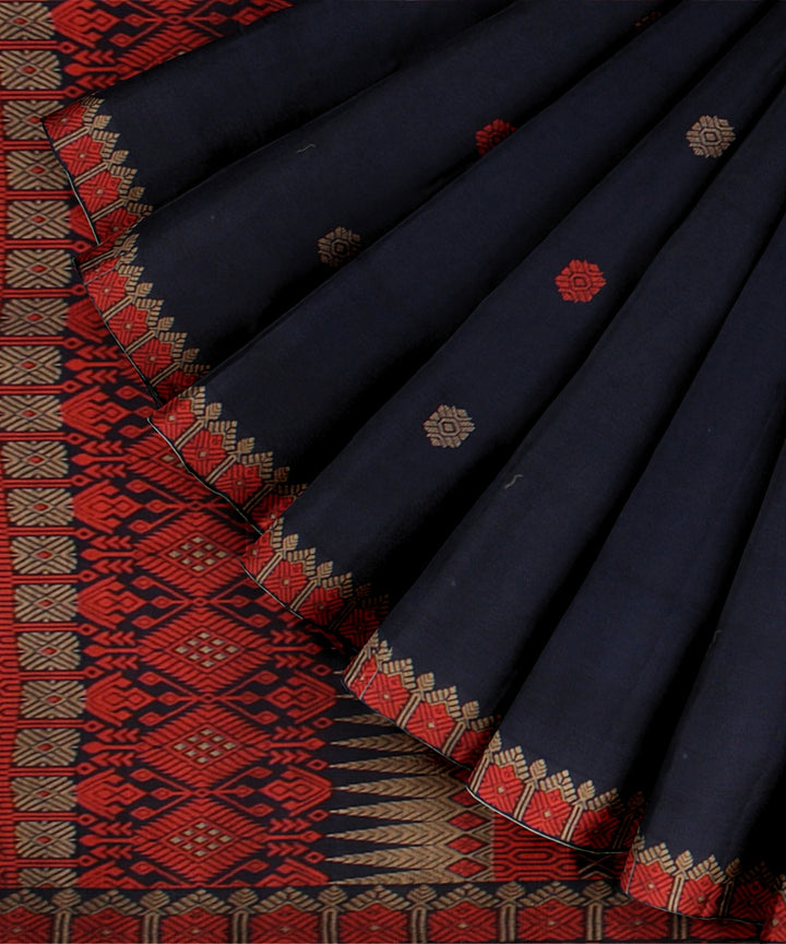 Navy blue red beige handloom assam cotton saree