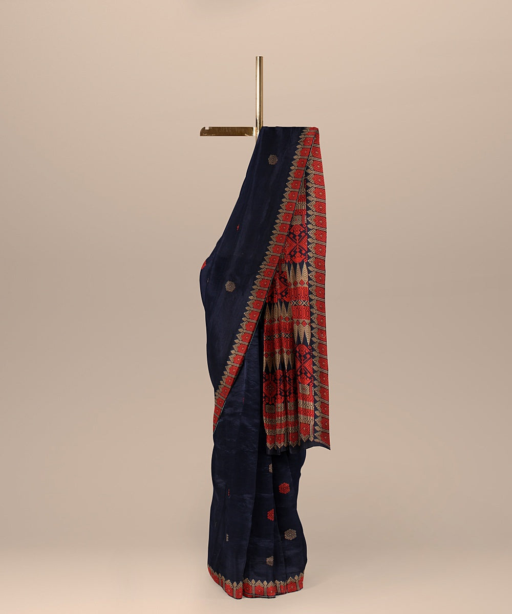 Navy blue red beige handloom assam cotton saree