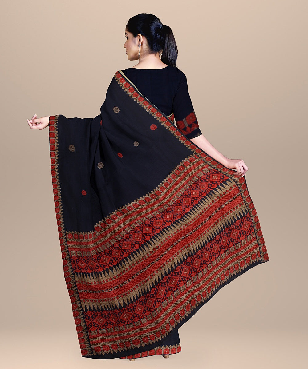 Navy blue red beige handloom assam cotton saree