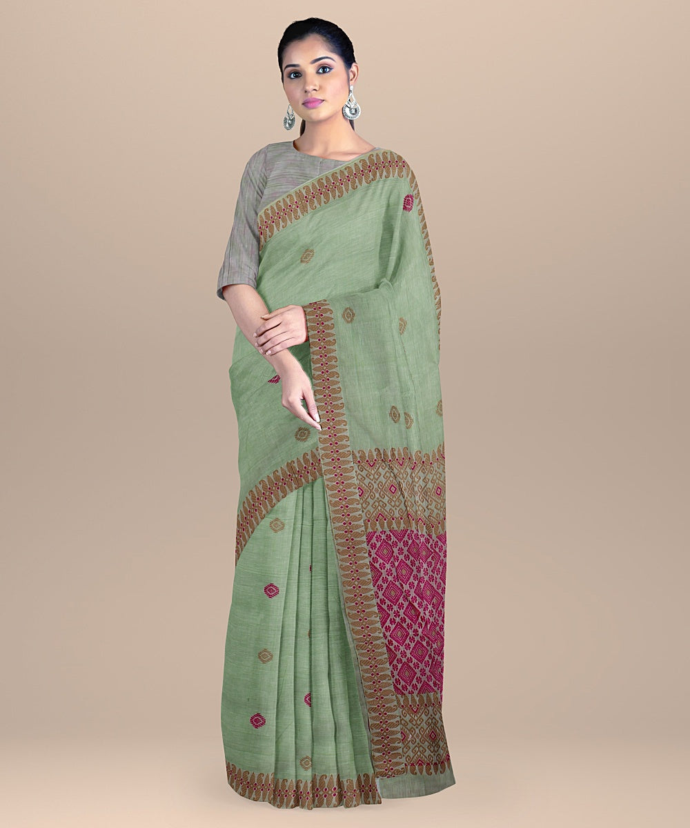 Pista green pink beige handloom assam cotton saree