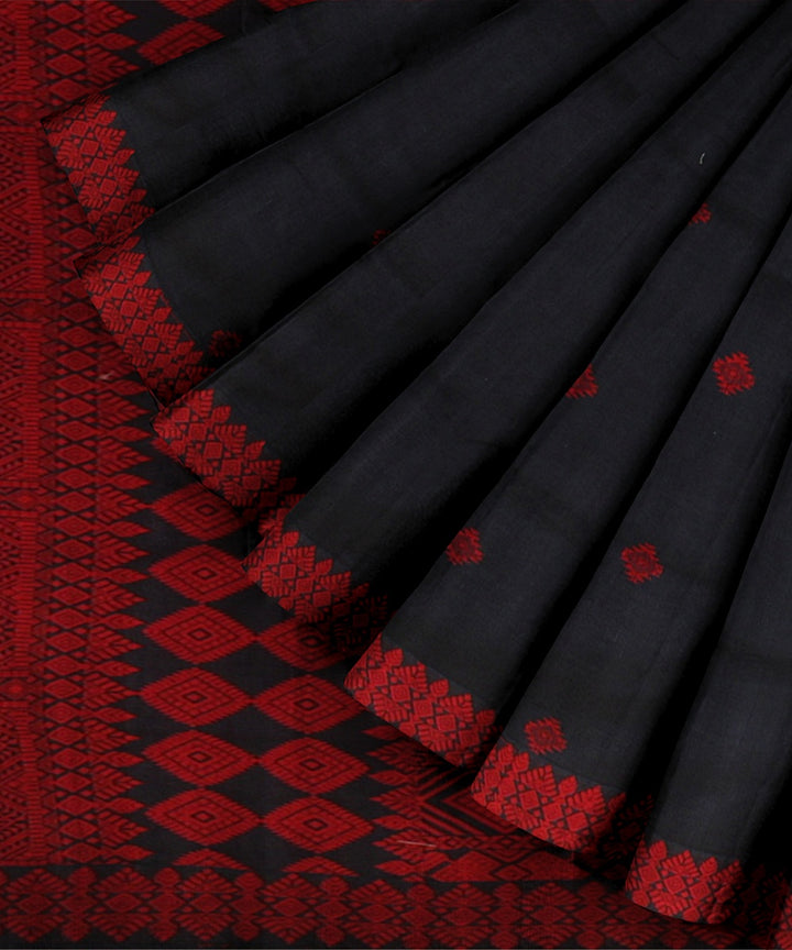 Charcoal black red handloom assam cotton saree