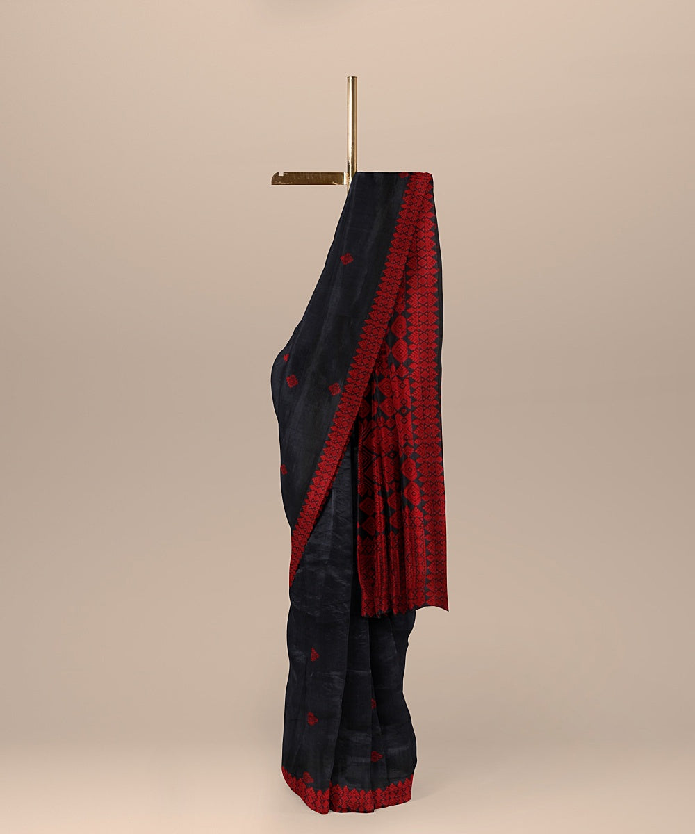 Charcoal black red handloom assam cotton saree