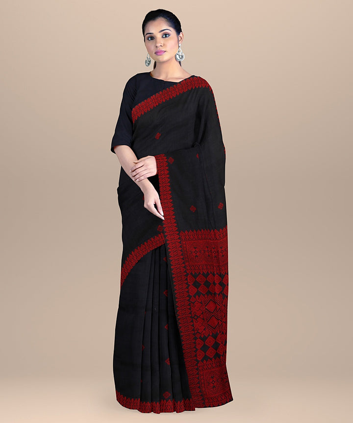 Charcoal black red handloom assam cotton saree