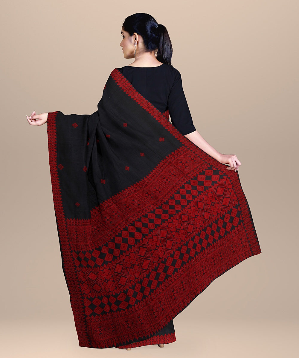 Charcoal black red handloom assam cotton saree