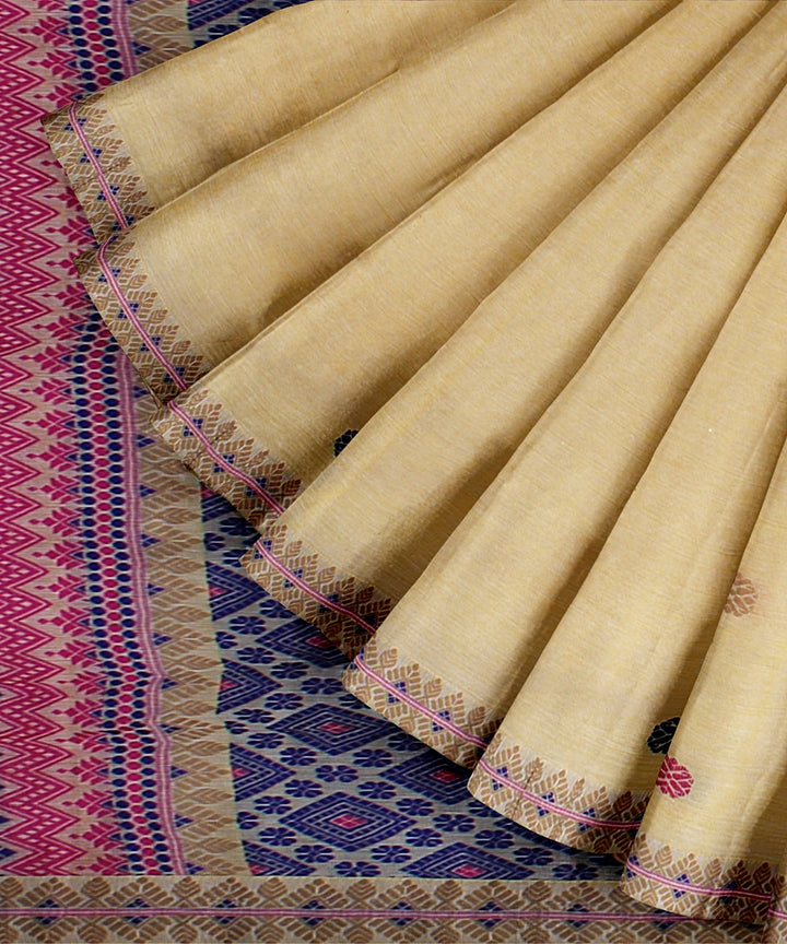 Cream navy blue pink handloom assam cotton saree