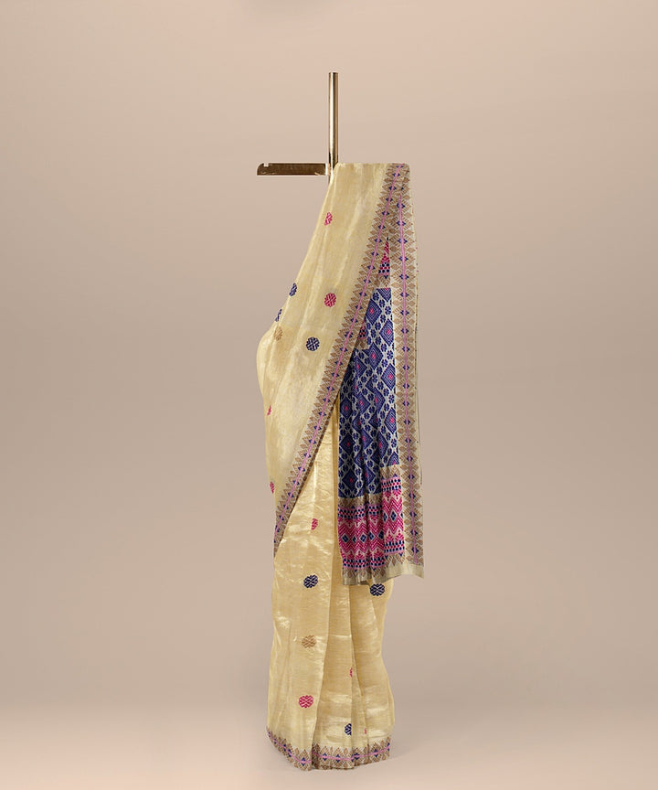 Cream navy blue pink handloom assam cotton saree