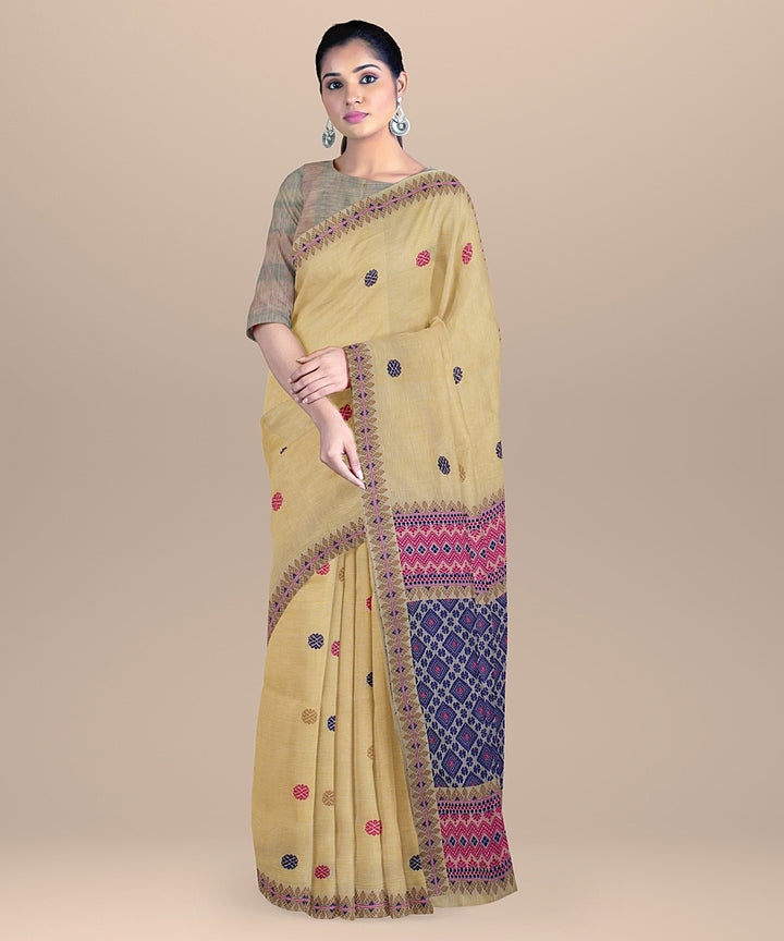 Cream navy blue pink handloom assam cotton saree