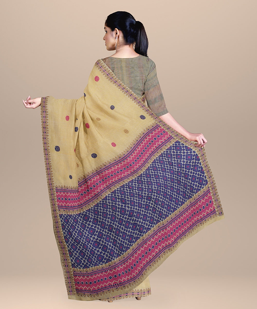 Cream navy blue pink handloom assam cotton saree