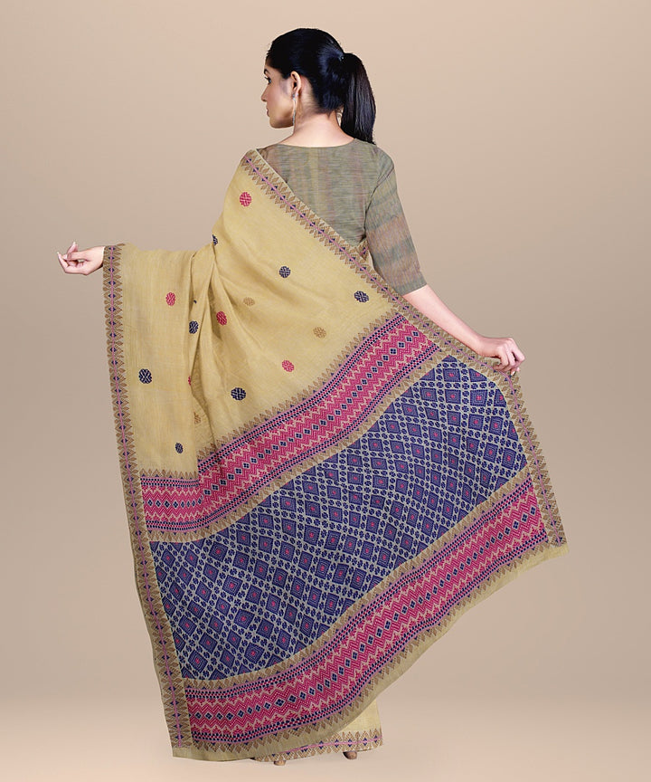 Cream navy blue pink handloom assam cotton saree