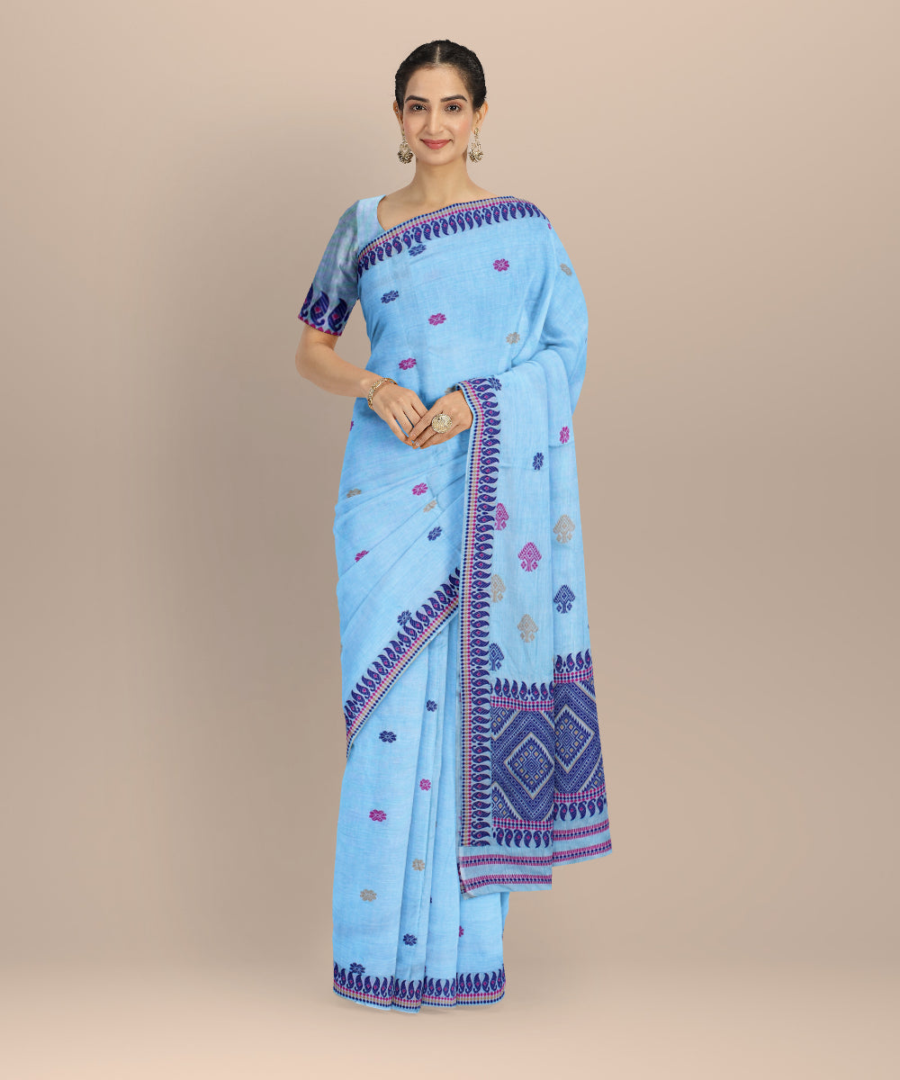 Sky blue blue handloom assam cotton saree