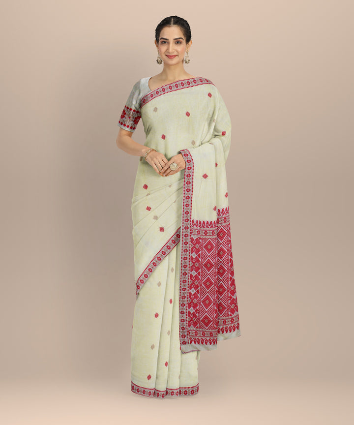 Cream red cotton handloom assam saree