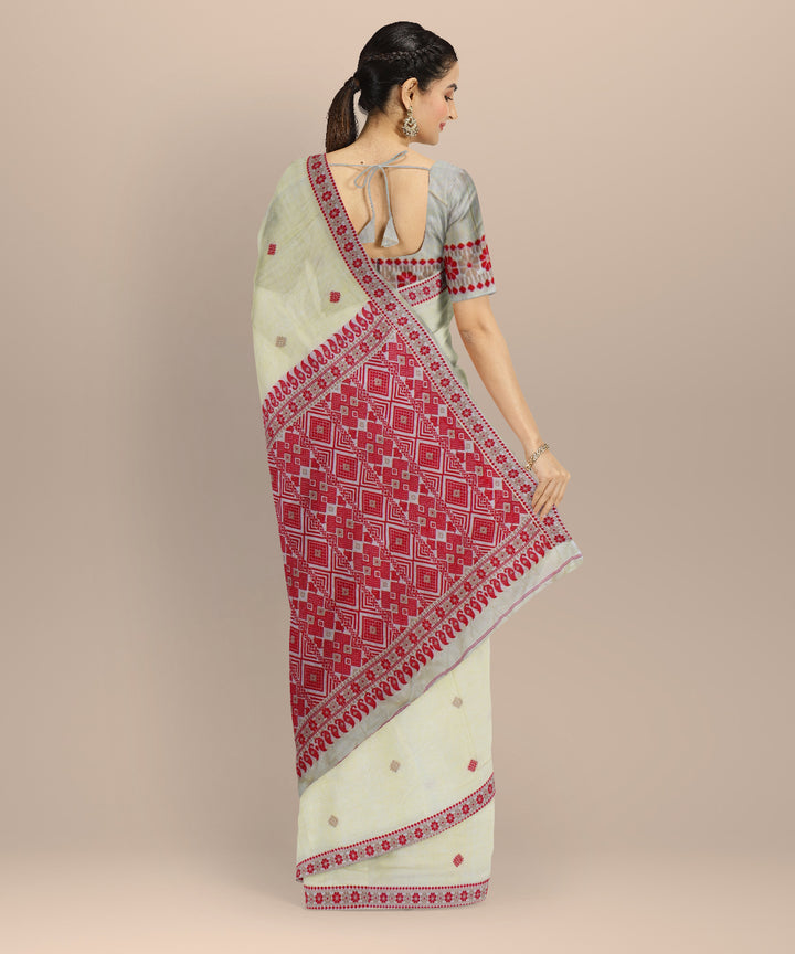 Cream red cotton handloom assam saree