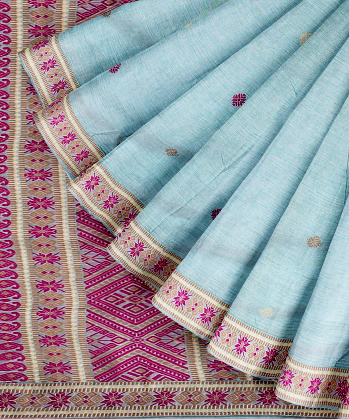 Sky blue red cotton handloom assam saree