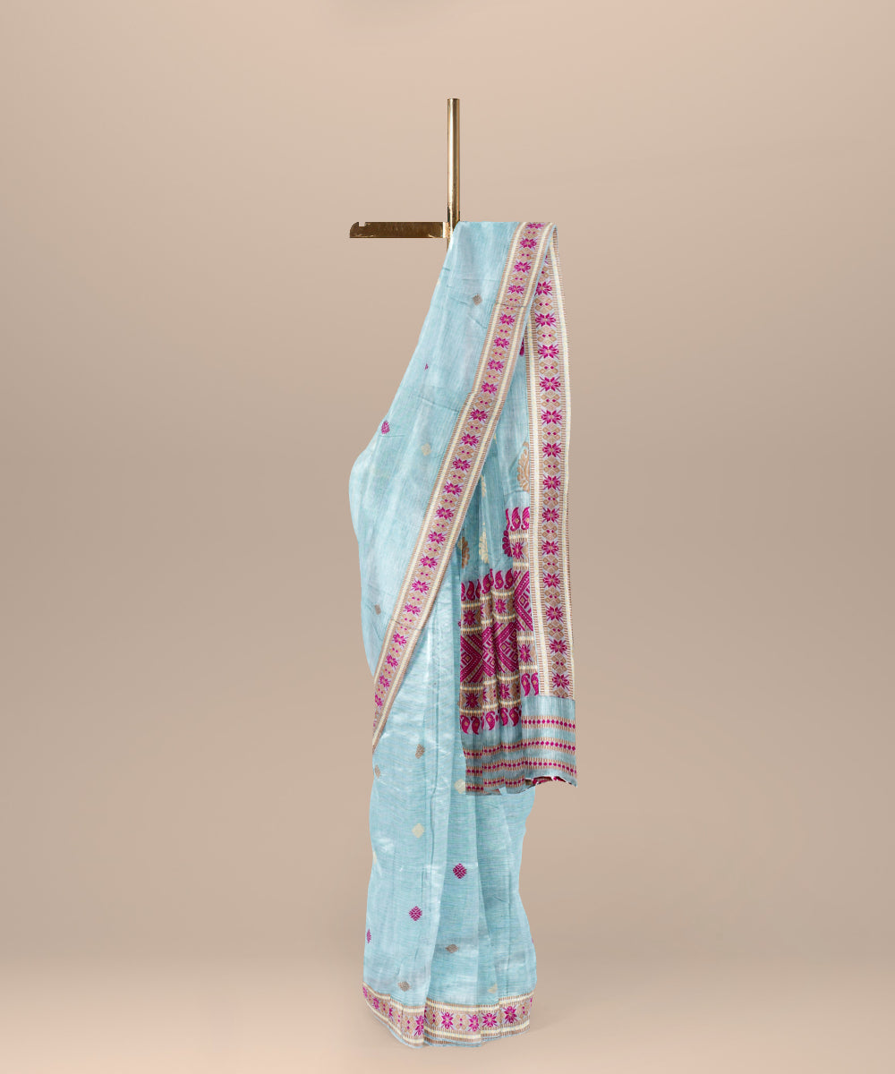 Sky blue red cotton handloom assam saree