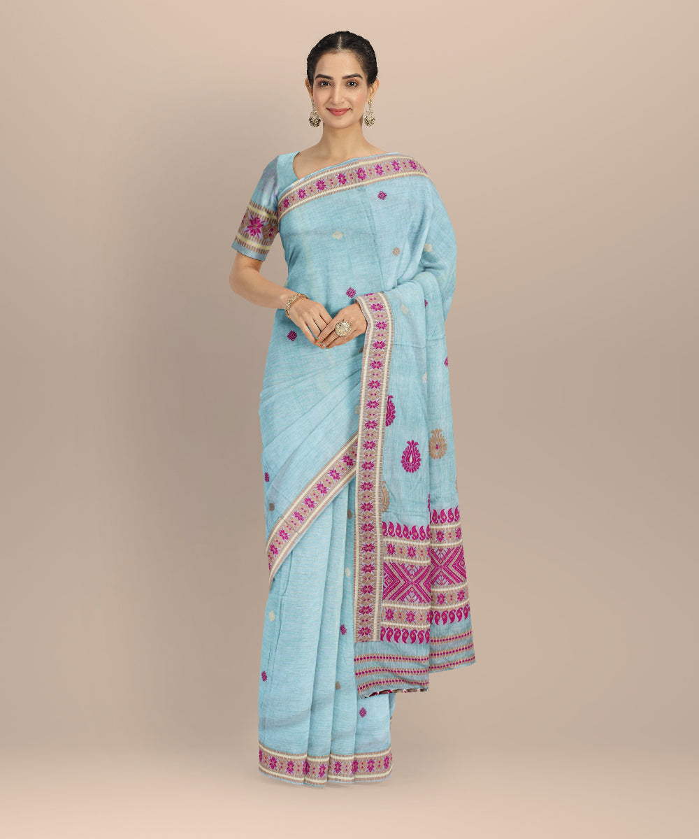 Sky blue red cotton handloom assam saree