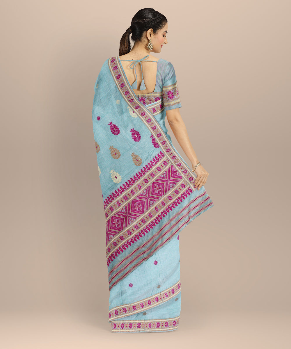 Sky blue red cotton handloom assam saree