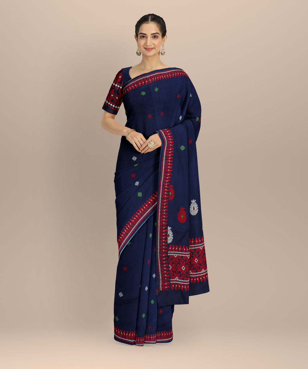 Navy blue red cotton handloom assam saree