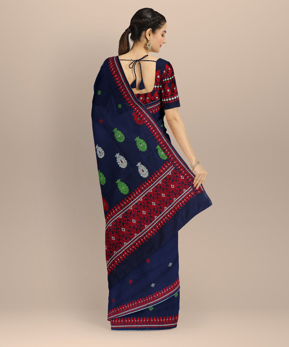 Navy blue red cotton handloom assam saree