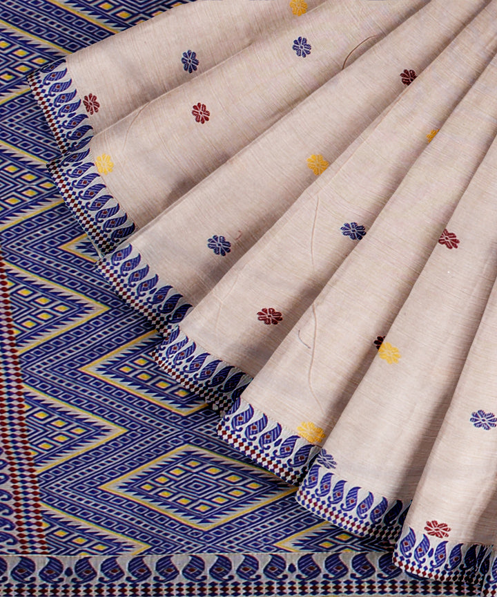 Cream blue cotton handloom assam saree