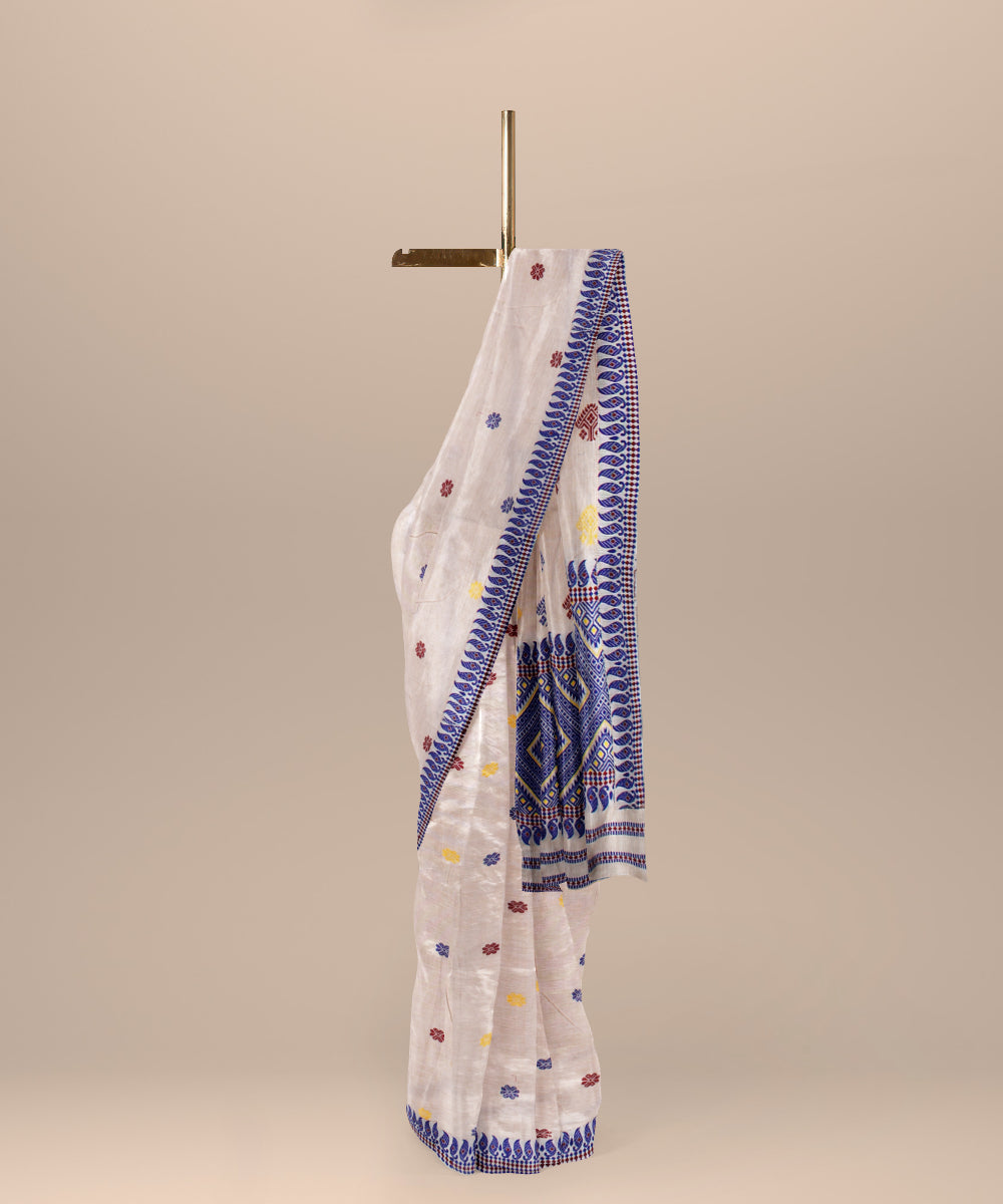 Cream blue cotton handloom assam saree