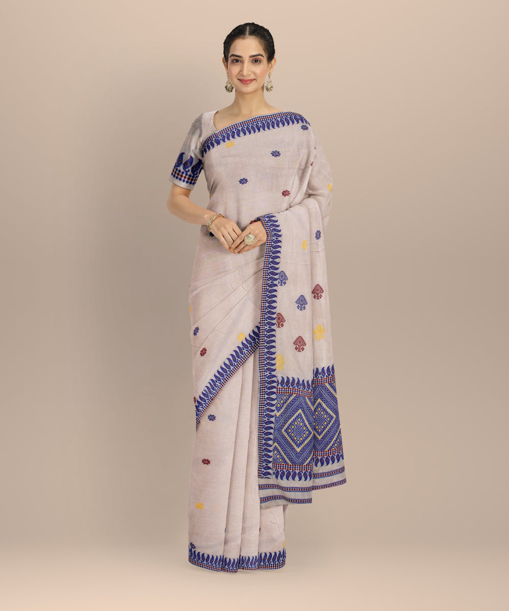 Cream blue cotton handloom assam saree