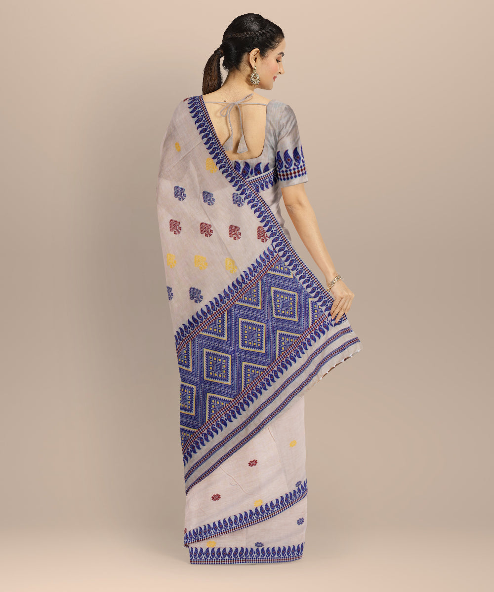 Cream blue cotton handloom assam saree