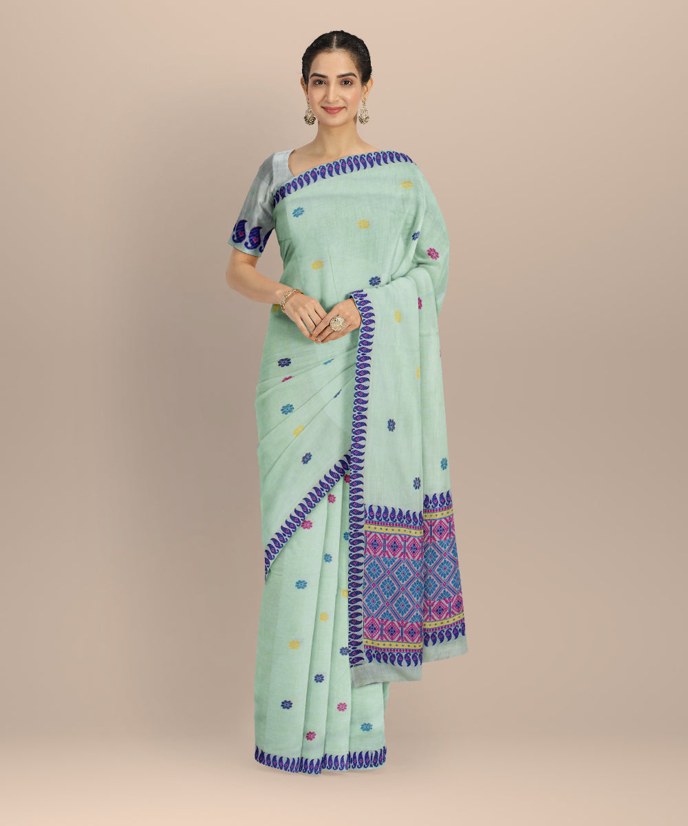 Pista green blue cotton handloom assam saree