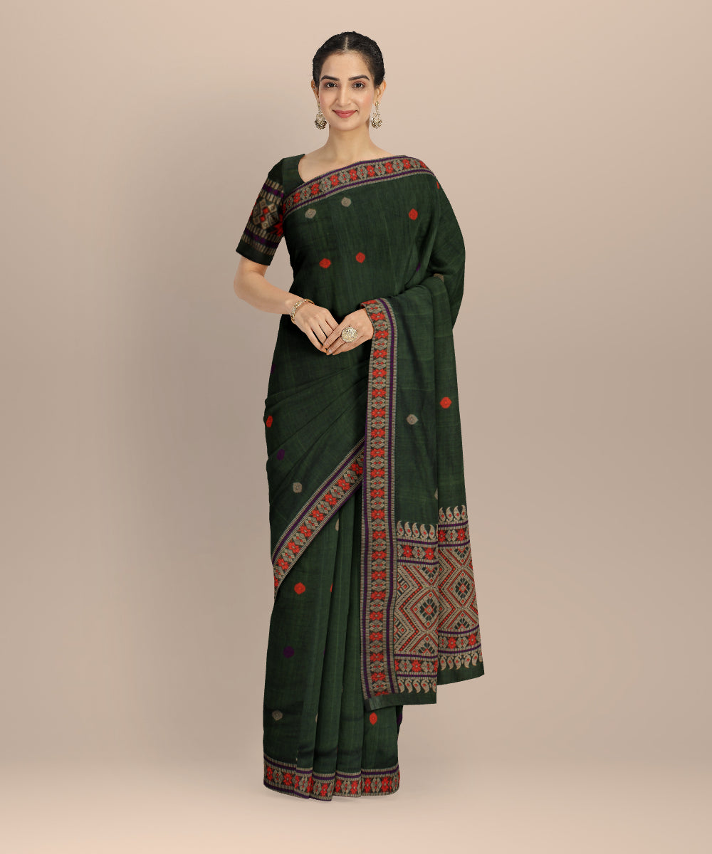 Dark green grey cotton handloom assam saree