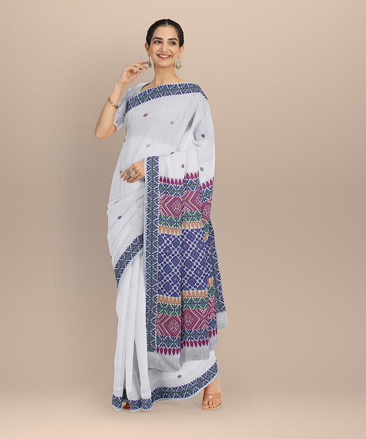 White multicolour handloom assam cotton saree