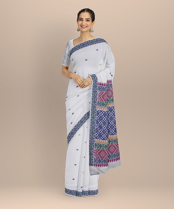 White multicolour handloom assam cotton saree