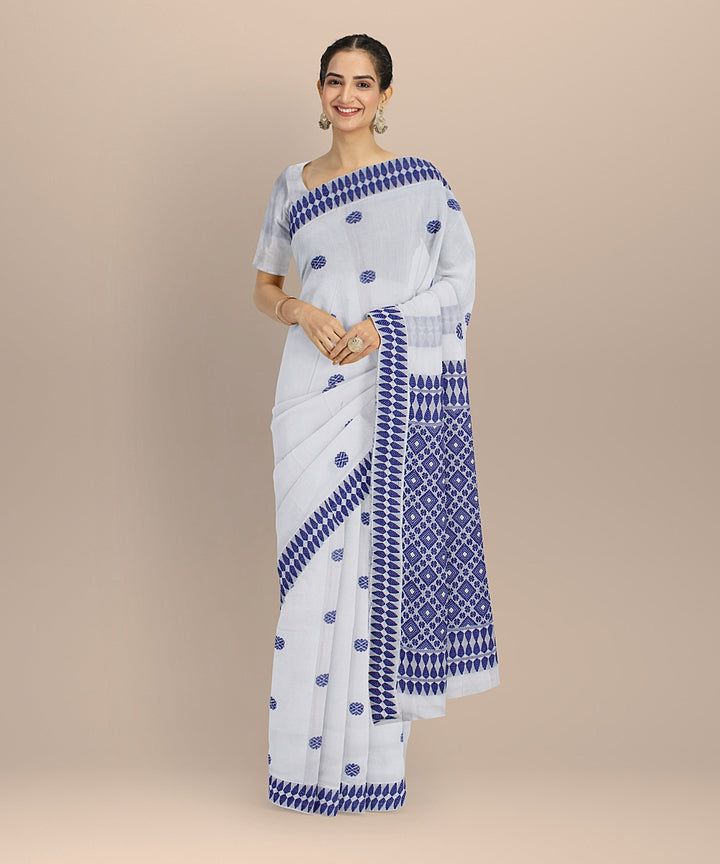 White blue handloom cotton assam saree