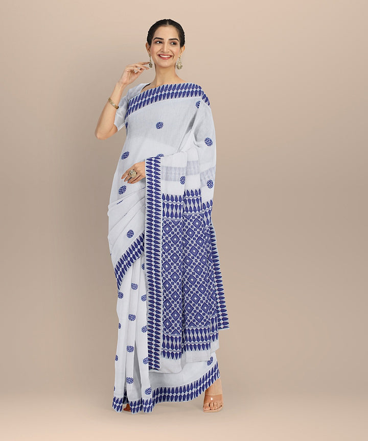White blue handloom cotton assam saree