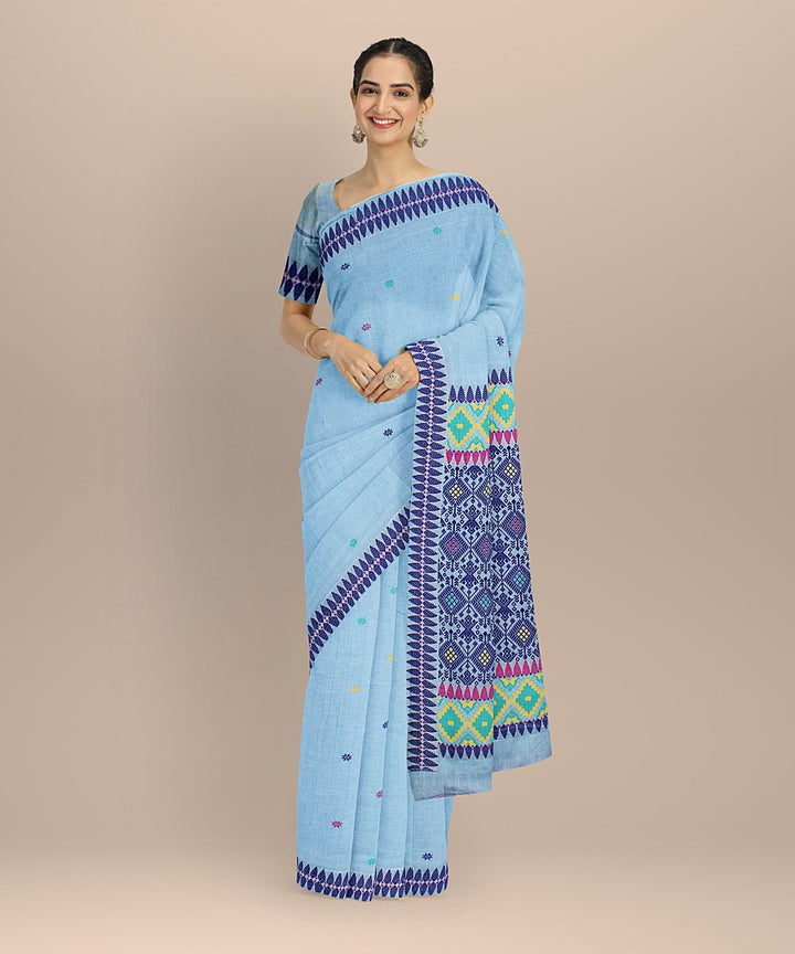 Sky blue multicolour cotton handloom assam saree
