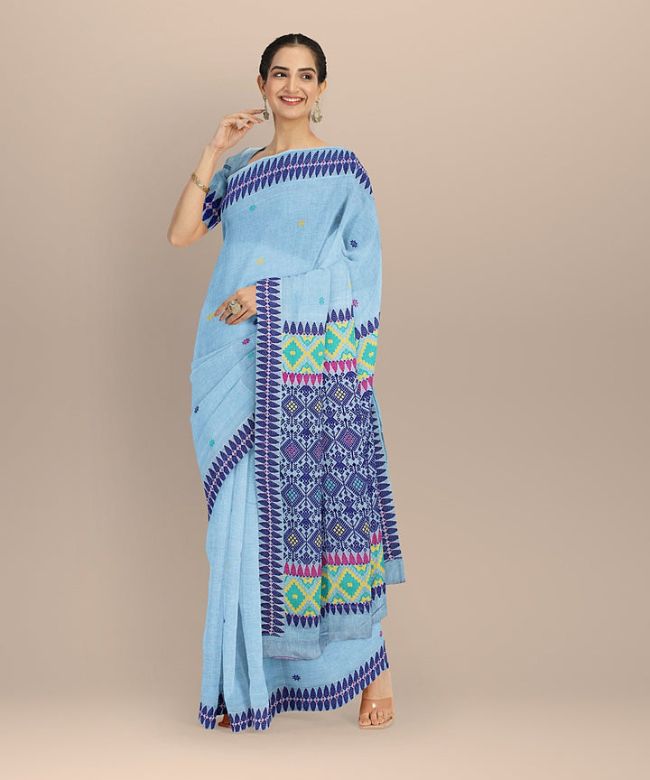 Sky blue multicolour cotton handloom assam saree