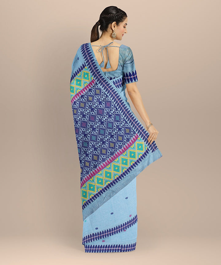 Sky blue multicolour cotton handloom assam saree