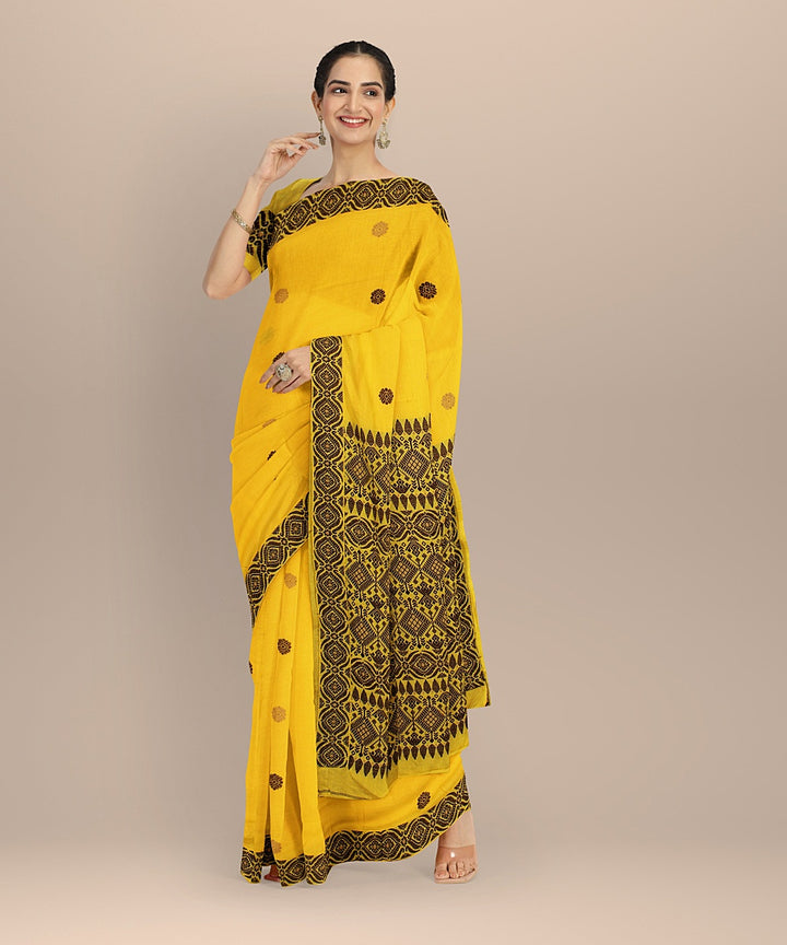 Yellow brown cotton handloom assam saree