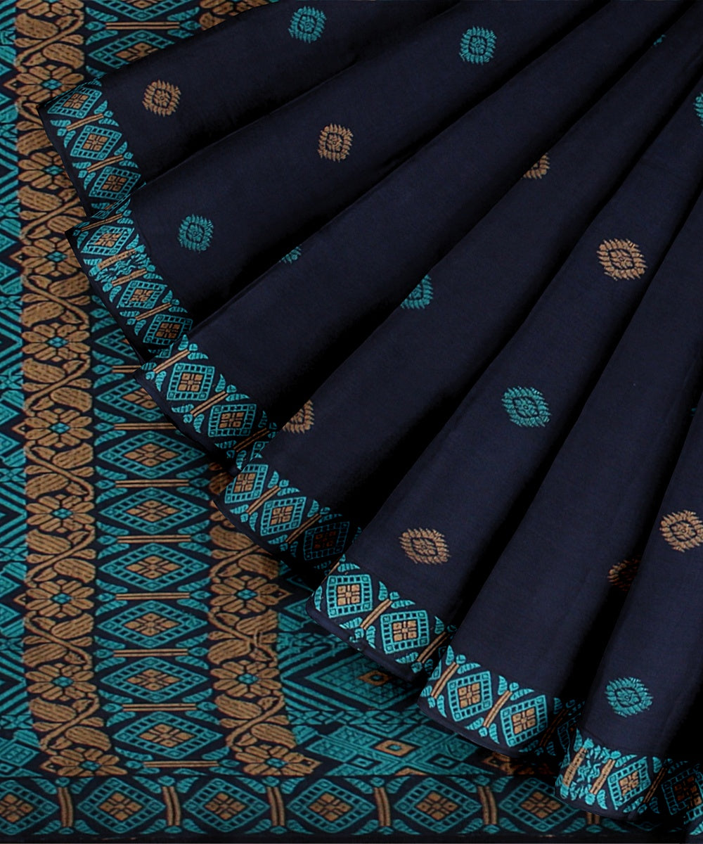 Navy blue multicolour handloom cotton assam saree