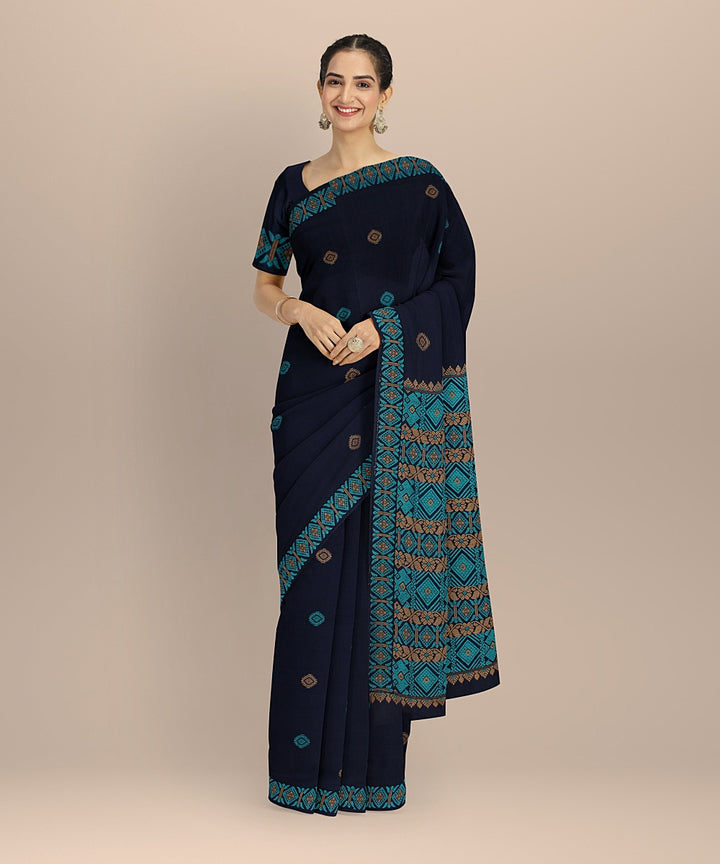 Navy blue multicolour handloom cotton assam saree