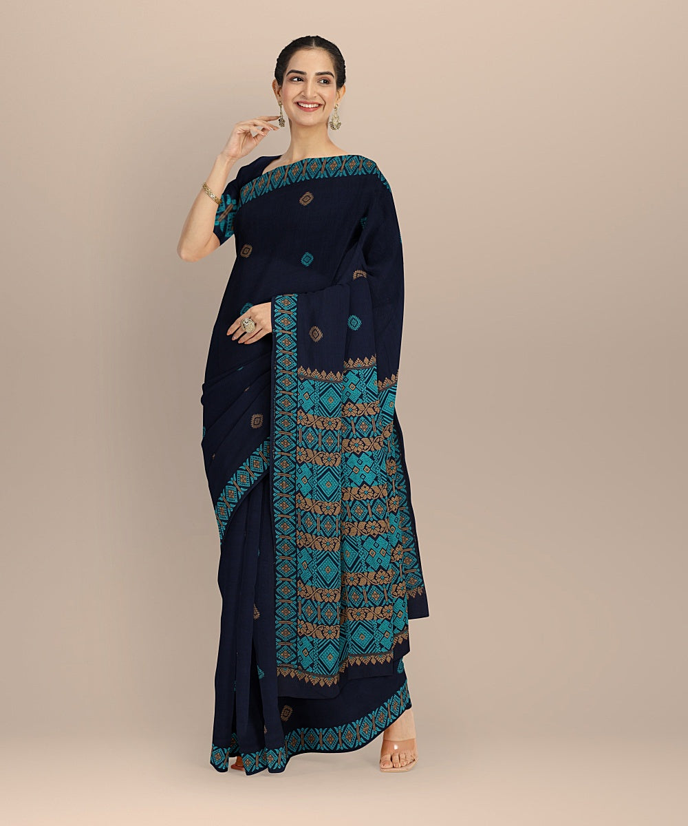 Navy blue multicolour handloom cotton assam saree