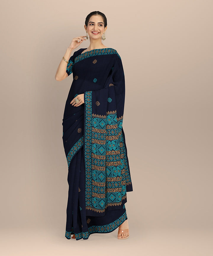 Navy blue multicolour handloom cotton assam saree