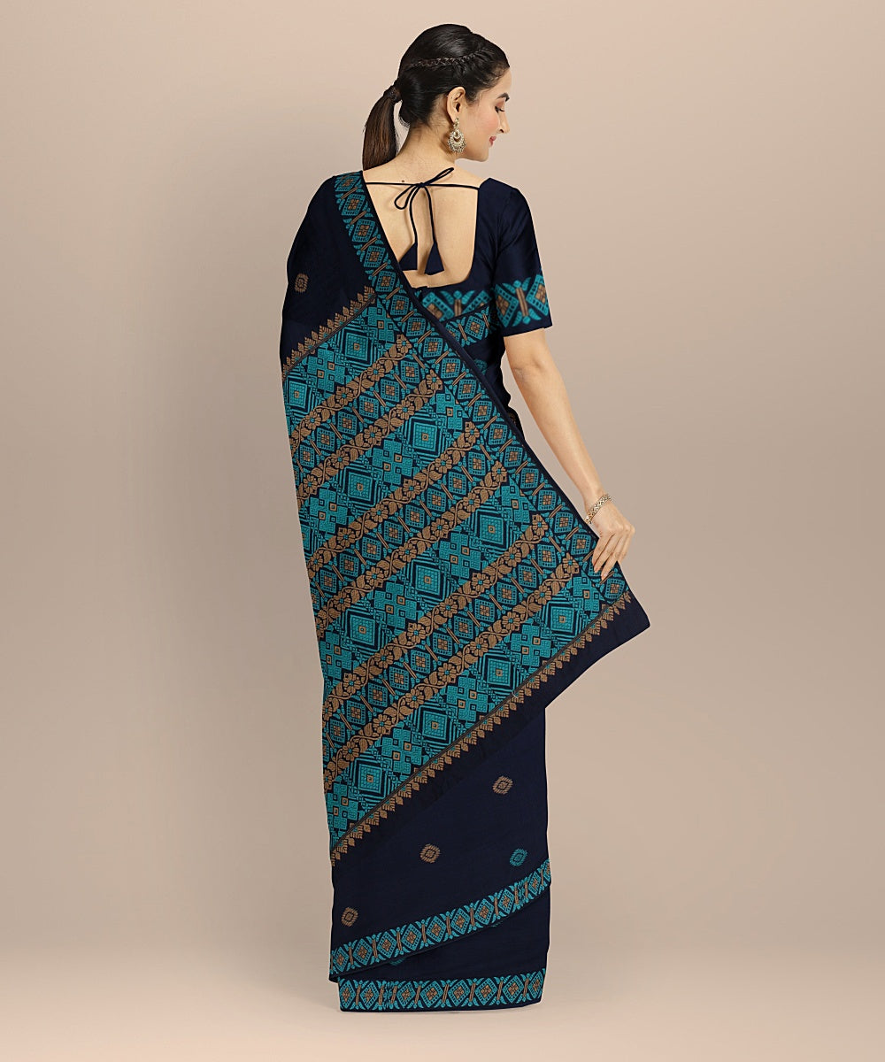 Navy blue multicolour handloom cotton assam saree