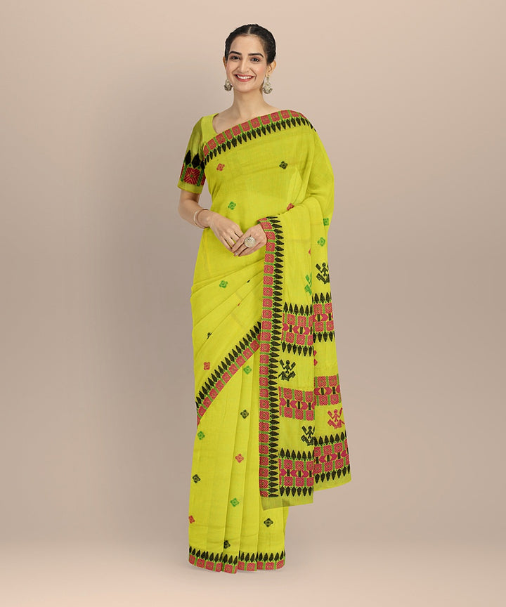 Lime green multicolour cotton handloom assam saree