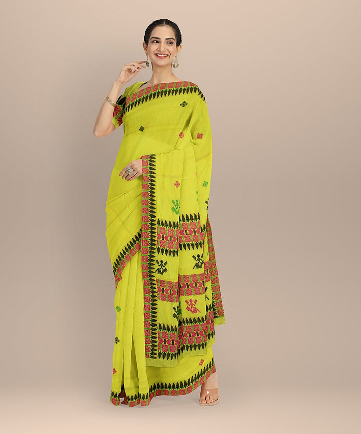 Lime green multicolour cotton handloom assam saree